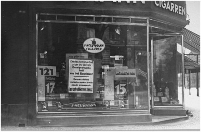 Boycott signs posted in the window of J. Neumann Cigarren, a Jewish-owned tobacco store in Berlin